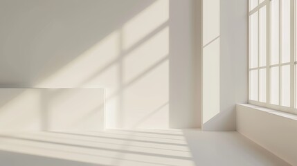 A minimalist white abstract background with realistic window shadows for 3D rendering of products
