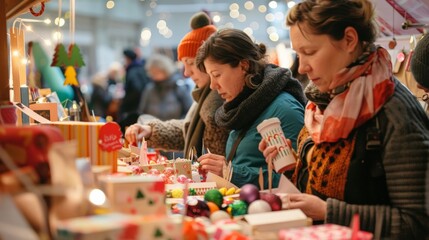 Fototapeta premium People participating in a festive holiday craft fair, creating and selling handmade gifts and decorations