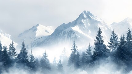Obraz premium A snowy mountain background with pine trees on the right side for winter sports, on a simple white wall. Web banner with space on the left in the style of copyspace.