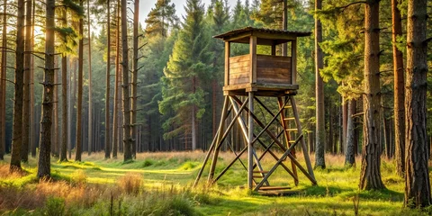 Fotobehang A high seat used for hunting and wildlife observation in the forest, hunting, wildlife observation © Sujid