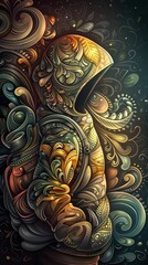 Capture the intricate fusion of futuristic technologies and gritty street art in a close-up shot Enhance the contrast between sleek metallic surfaces and vibrant graffiti textures