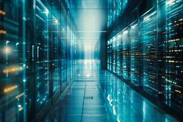 A modern data center hallway with numerous server racks illuminated by blue and yellow lights reflecting on the polished floor, suggesting high technology.