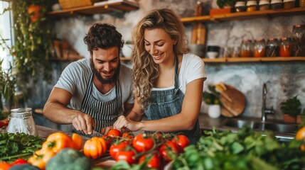 Smiling couple cooking together in a cozy kitchen, surrounded by fresh vegetables and herbs.