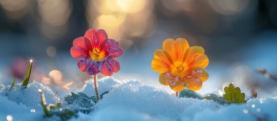 Obraz premium Two Flowers Blooming in the Snow