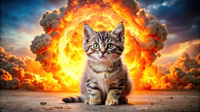 Explosion behind adorable kitten with fiery cloud, kitten, explosion, fire, adorable, cute, danger, pet, animal, chaos, smoke