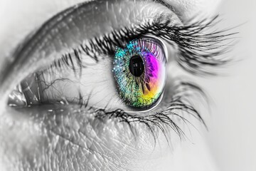 This is a photo of a woman isolated on white background, with a profile view, multicolor iris, arc on horizon, and a vision and colour concept for LGBT partying, pride, and passion