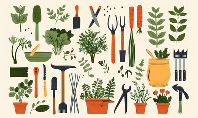Illustration of things for the garden. Plants on a beige background.