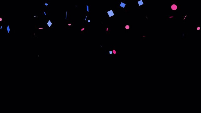 Confetti falling down motion graphic with alpha channel. Colorful paper shoot in heart, star, smile, circle, rectangle shape animated on transparent background. Party popper, particle, celebration.