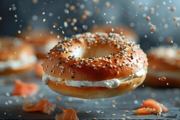 Bagels with cream cheese and lox hovering in mid-air