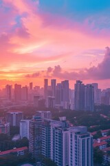 Fototapeta premium A cinematic vista of pastel sunset over an eco-friendly cityscape AI genrated illustration