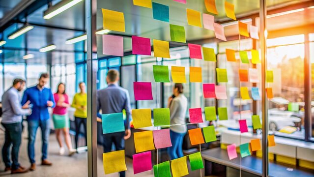 Vibrant colored sticky notes on a glass wall blurred in the background, with few notes in focus, conveying creativity and idea generation in an office brainstorming session.