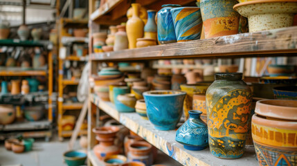 A pottery workshop filled with colorful, hand-painted pottery pieces drying on shelves
