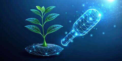 Stylized low-poly wireframe mesh illustration of biotech plant sprout emerging with DNA genome strands and vitamin supplement capsule on a dark blue background.