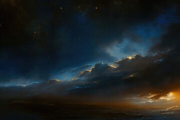 Fototapeta premium Glowing orange cloudscape with distant stars over a dark ocean