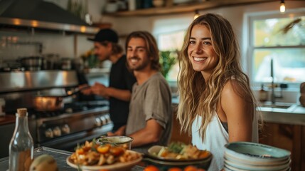 Happy friends cooking together and enjoying a meal in a cozy kitchen.