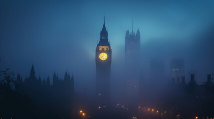 A clock tower striking midnight shrouded in a thick city fog  AI genrated illustration