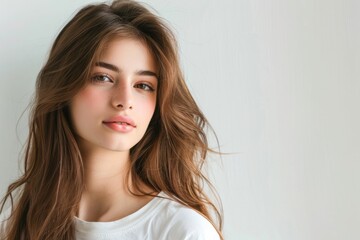 pretty woman brown color hair with plain white background