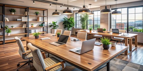 Modern office space with sleek furniture, laptops, and papers scattered on a large wooden table, conveying a sense of collaboration and teamwork.