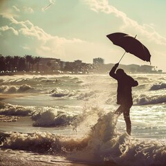 Man struggling with umbrella on windy beach Antalya Turkey