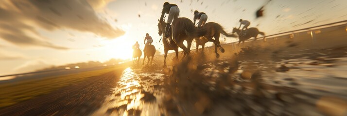 Dramatic low-angle shot of horse race event at sunset, with mud flying as horses and jockeys sprint towards the finish line.