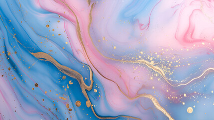 Luxurious Abstract Pink and Blue Marble Texture with Gold Splashes