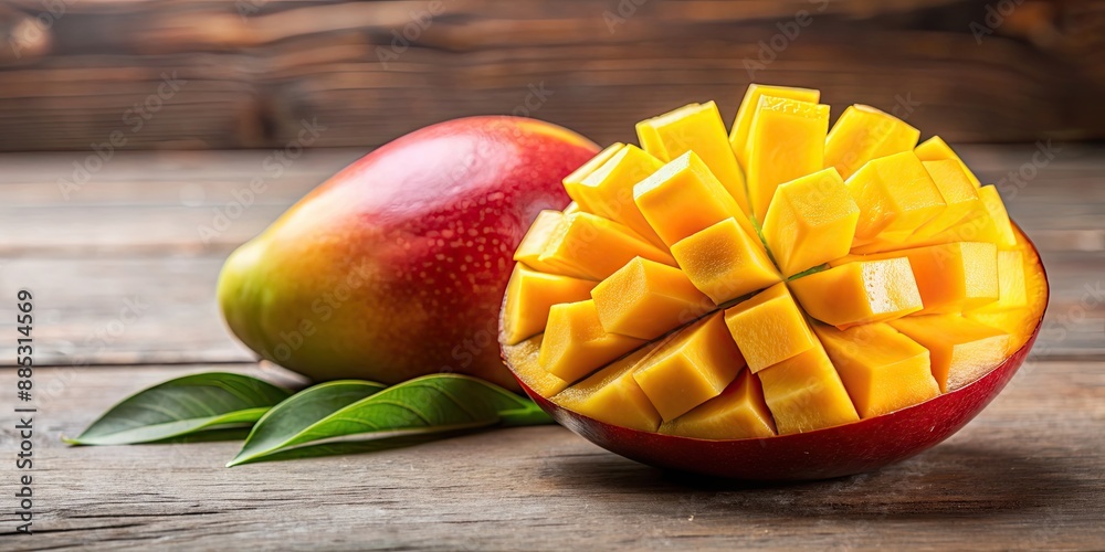 Wall mural Sliced mango fruit in isolated on background, mango, fruit, slices, isolated,background, yellow, tropical, sweet, juicy, fresh