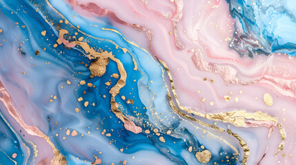 Luxurious Abstract Pink and Blue Marble Texture with Gold Splashes