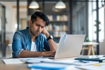 Fototapeta premium Sad upset business man at workplace, Hispanic man disappointed with work results inside office