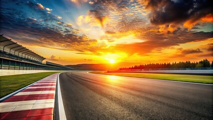 Naklejka premium Formula 1 racing track glowing in the sunset , Sunset, Racing, Track, Formula 1, Speed, Cars, Competition