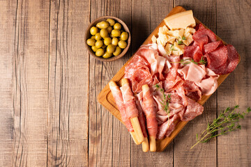 Charcuterie board. Antipasti appetizers of meat platter with salami, prosciutto crudo or jamon and olives.