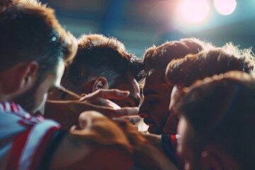 A team of athletes huddle together in a close circle, their heads bowed, with a stadium light shining brightly overhead. Generative AI