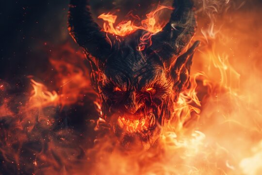 Scary demon monster in hell fire blurred background