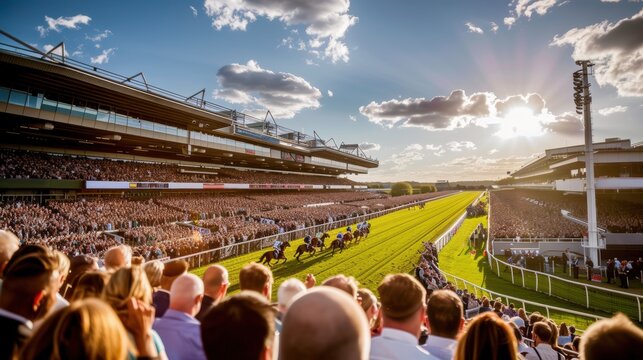 Large crowd watching horse race at Derby event on sunny day. Grandstands are packed with spectators, horses and jockeys race down green track