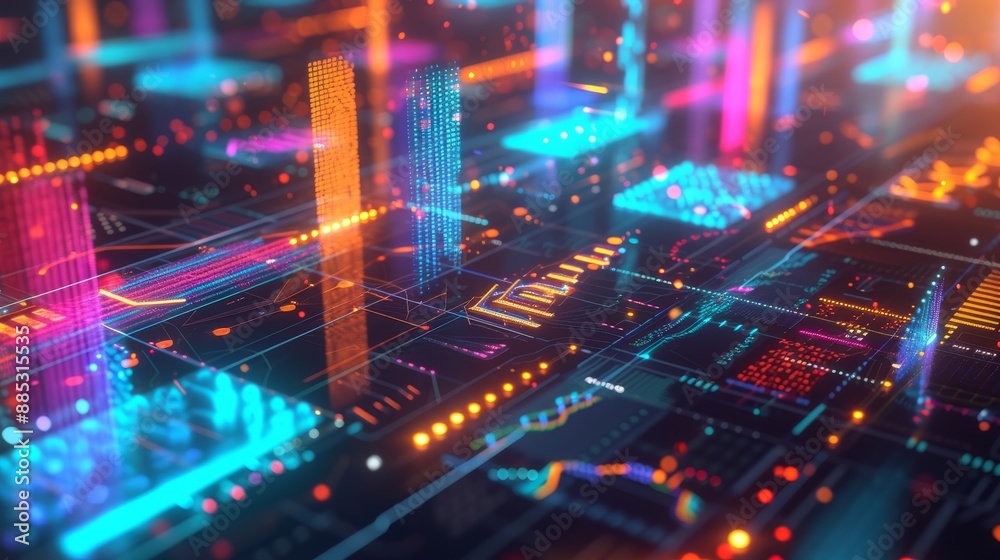 Poster a compelling 3d representation of the data mining process including colorful graphs algorithm charts