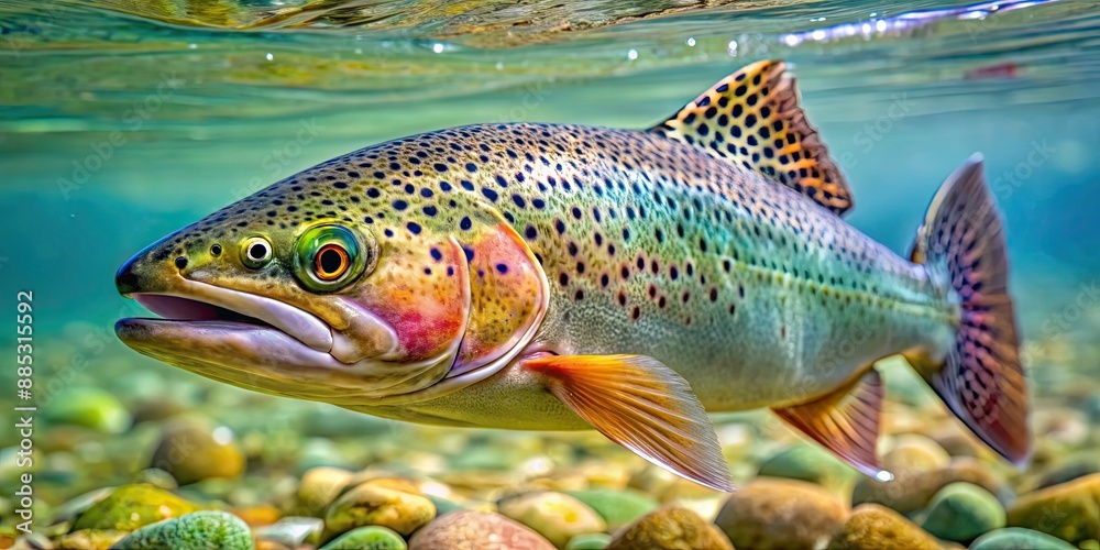 Sticker Close up of a vibrant speckled trout swimming in clear water, trout, fish, animal, wildlife, underwater, nature, freshwater