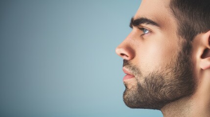 Profile View of Young Man with Stubble on Blue Background