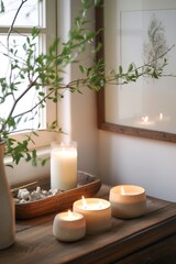 Candles by a window create a warm atmosphere for relaxation