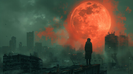 Person on rooftop gazing at large red moon in foggy cityscape