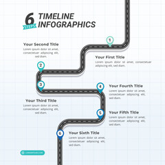 6 Steps Road Timeline Infographics with Editable Text on a 1:1 ratio layout for Presentation, Booklet, and Social Media Feeds.