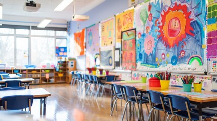 Colorful Classroom with Student Artwork and Empty Desks.