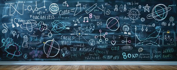 Creative science and math chalkboard with formulas, drawings, and equations in a classroom setting. Educational and academic concepts.