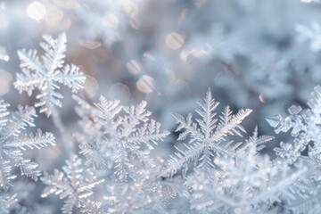 Snowflakes on light bokeh background, Soft snowflakes christmas texture, At close range, Snowfall, Nature