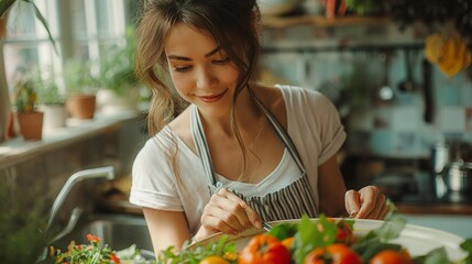A person in a kitchen preparing fresh vegetables, wearing a striped apron and smiling at the meal preparation.
