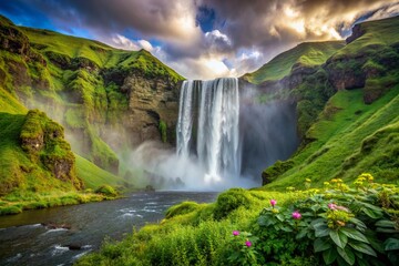 Majestic Skogafoss Waterfall plunges 60 meters down, surrounded by lush green flora, misty veil, and rugged Icelandic landscape, creating a breathtaking natural wonder.