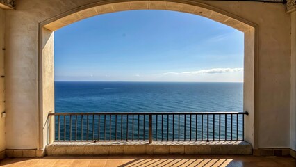 Fototapeta premium Illustrated view from terrace window overlooking the Mediterranean Sea, terrace, window, Mediterranean Sea, view,sea, ocean