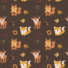 Fototapeta premium Autumn fall thanksgiving day seamless pattern with leaves, pumkins. Harvest decoration design. Square background with leaves, acorns, nuts. Childrens cute pattern with animals