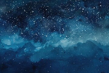 Watercolor painting of a starry night sky with blue and purple hues