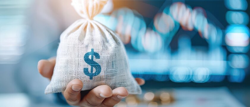Hand holding money bag with financial advisor desk, investment planning, strategic trading