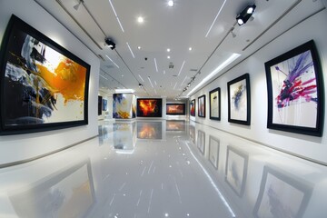A bright and open gallery that features large, eye-catching abstract art pieces. The reflective, minimalist interior enhances the presence and color of the artworks displayed.
