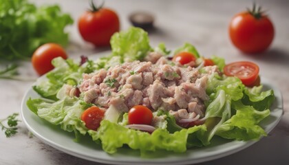 Tuna salad tomato green leaf lettuce onion healthy eating cooking appetizer meal food snack 